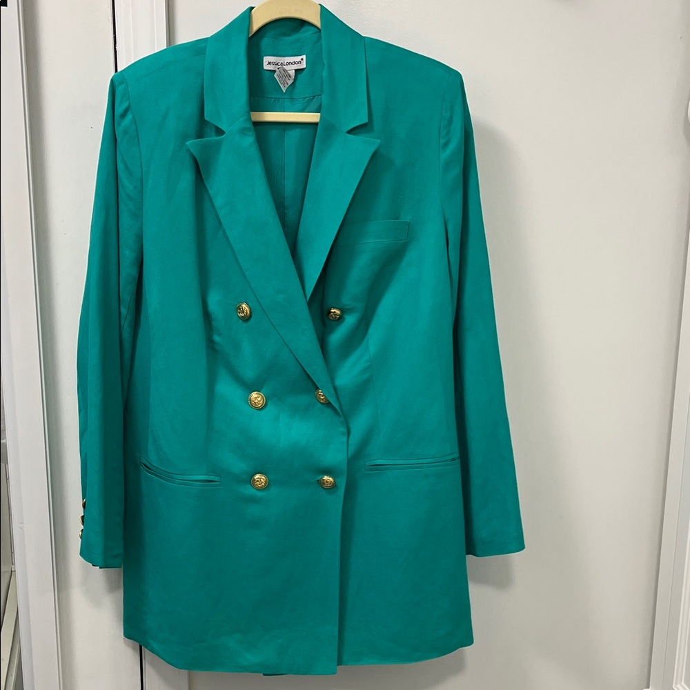 Jessica London Size 14 Linen Teal Double-Breasted Blazer with Gold Buttons NWOT
